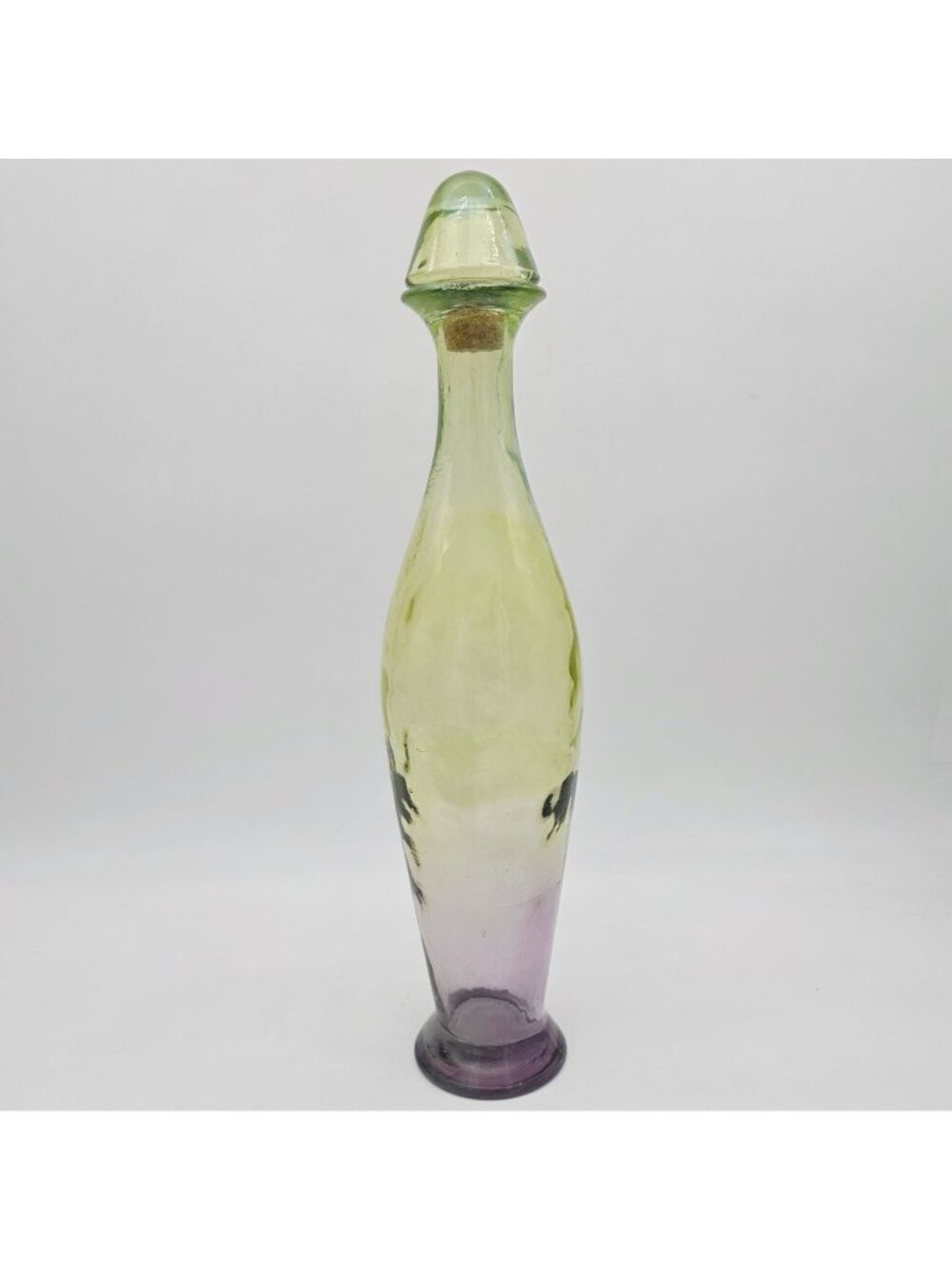 Hand-Blown Glass Decanter Cork Lid Ombre Green & Purple 18" Bottle Vase